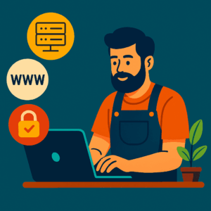 Artisan au travail sur laptop avec icônes serveur, WWW et cadenas SSL pour illustrer hébergement web et nom de domaine.
