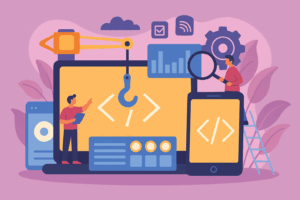 Illustration d’artisans face au choix d’un CMS (WordPress, Shopify, Wix, Prestashop) sur ordinateur portable et smartphone.