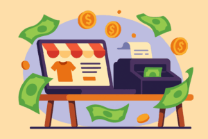 Illustration d’un ordinateur affichant une boutique en ligne et de billets symbolisant la conversion des visiteurs en clients. Guide par Pixelwp pour les artisans
